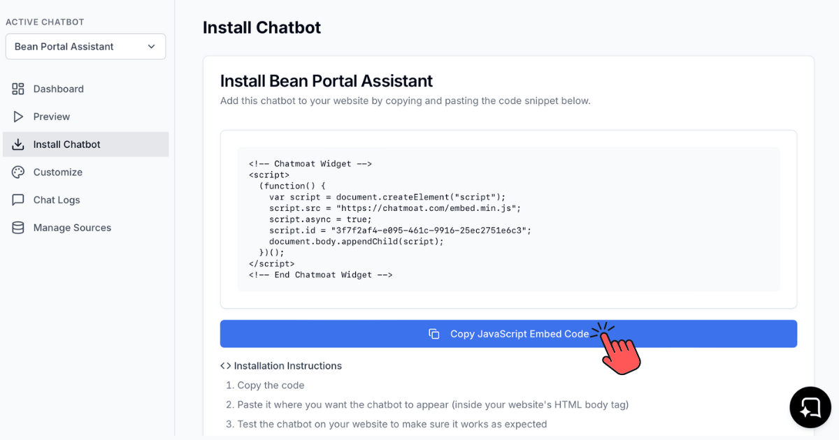 Copying the Chatmoat chatbot embed code