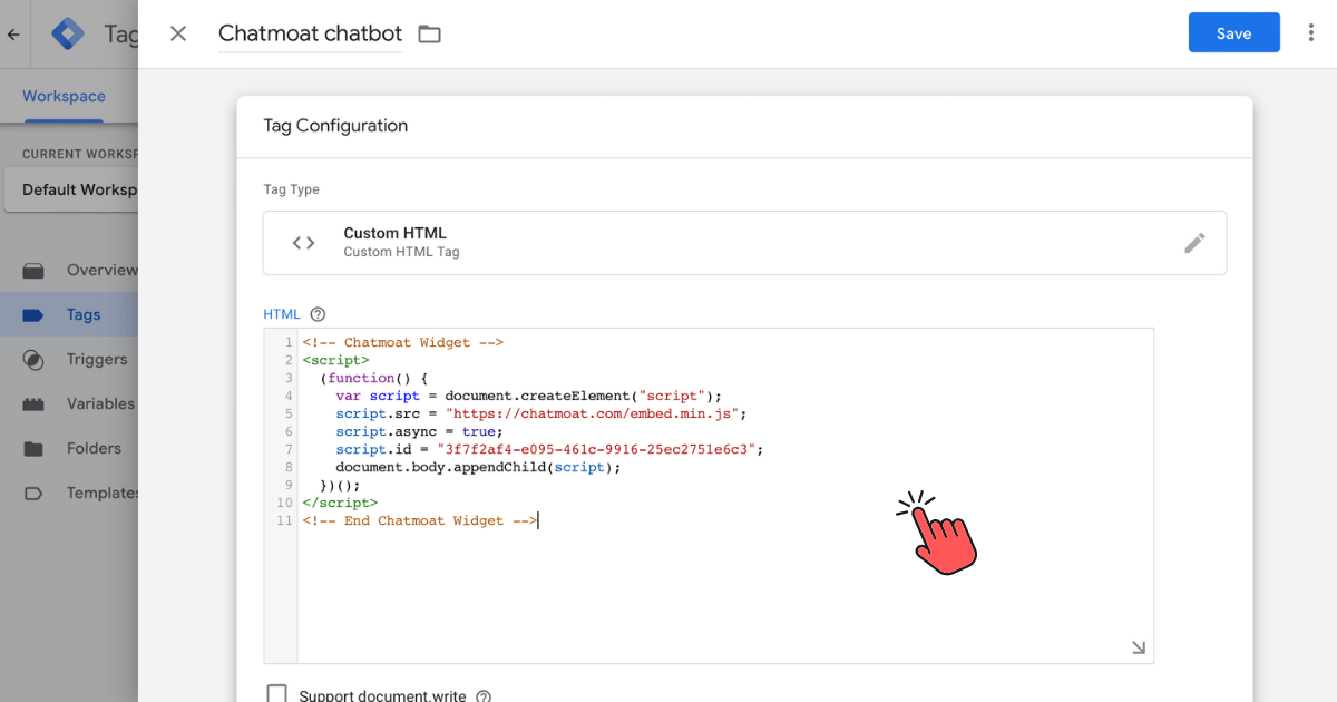 Pasting chatbot code into GTM Custom HTML tag