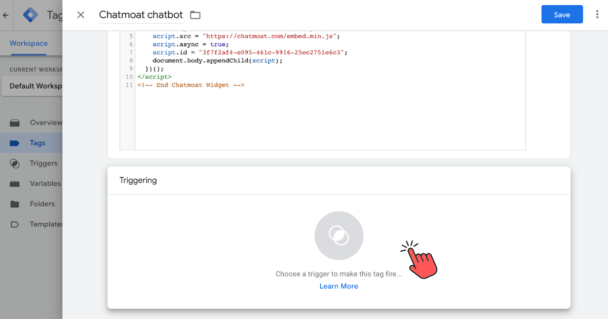 Choosing a trigger for the chatbot tag