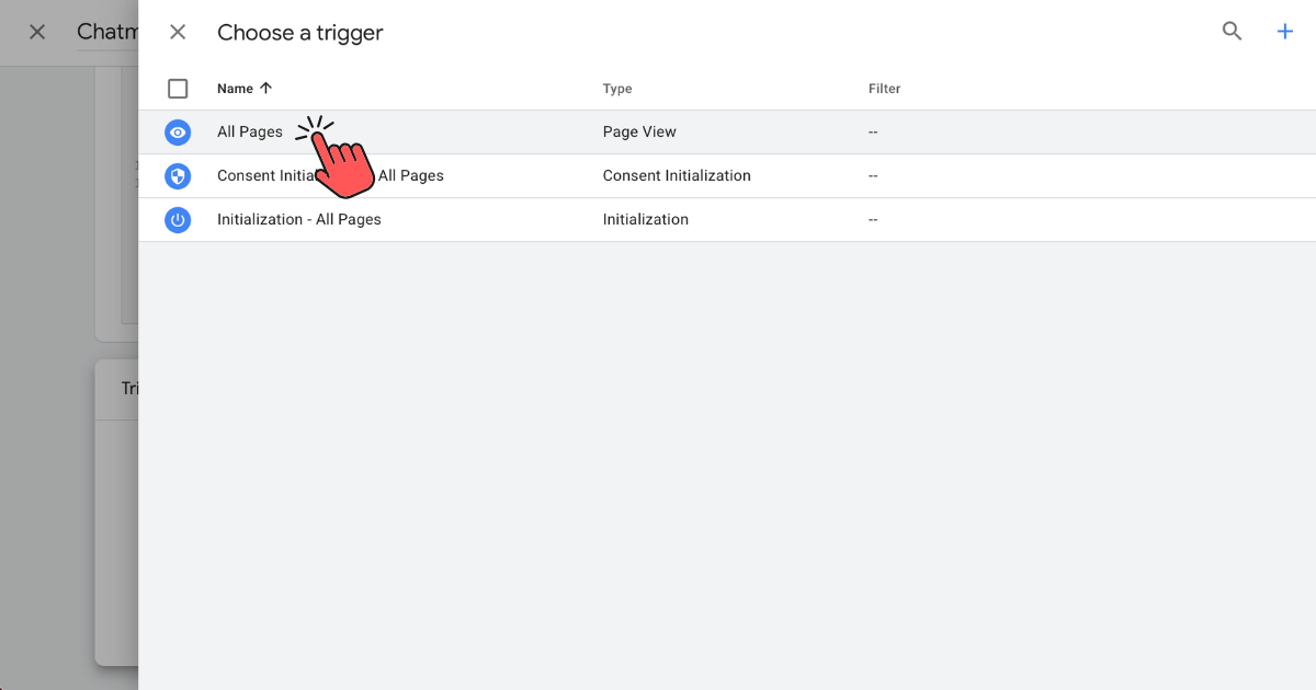 Selecting the All Pages trigger in GTM