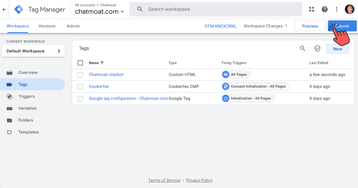 Submitting changes in Google Tag Manager