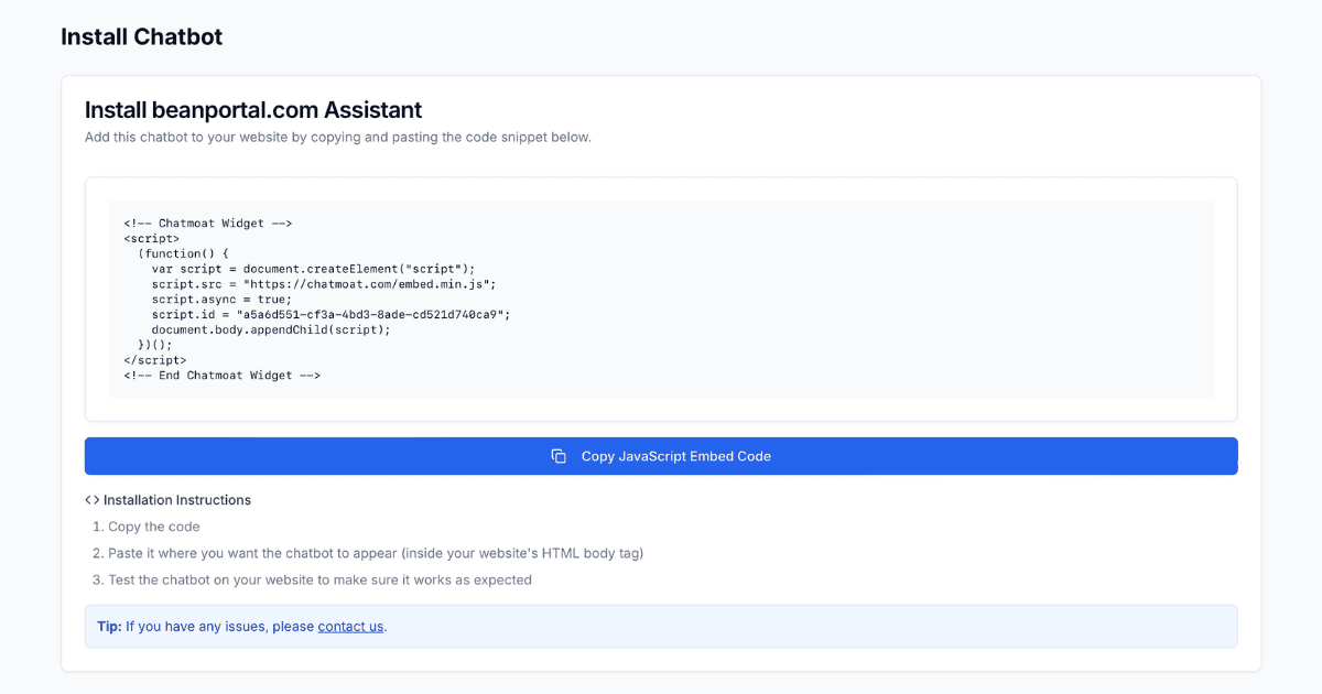 Chatmoat installation snippet to put the chatbot on website