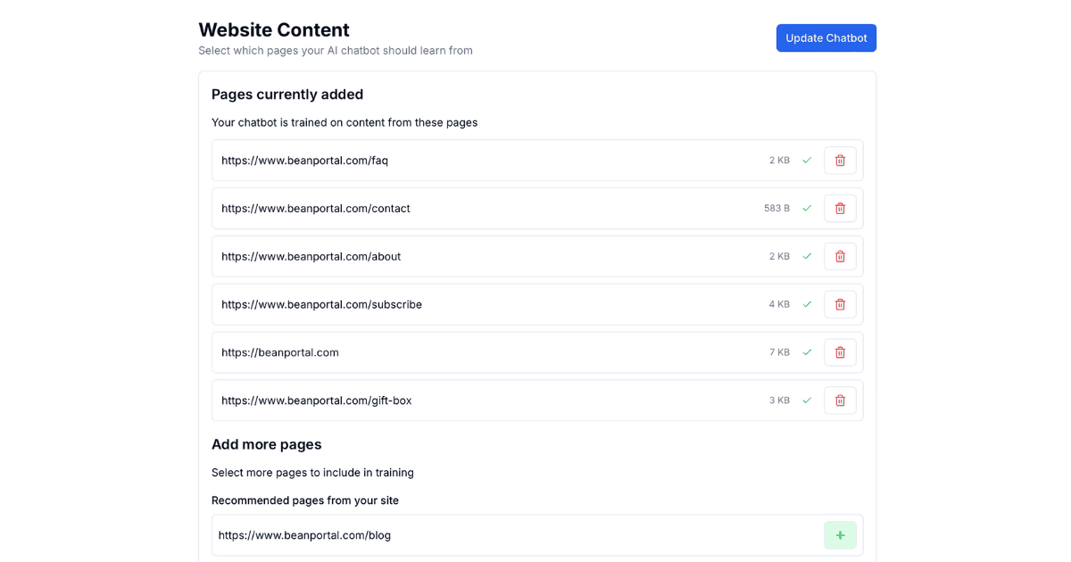 Selecting website content in Chatmoat dashboard